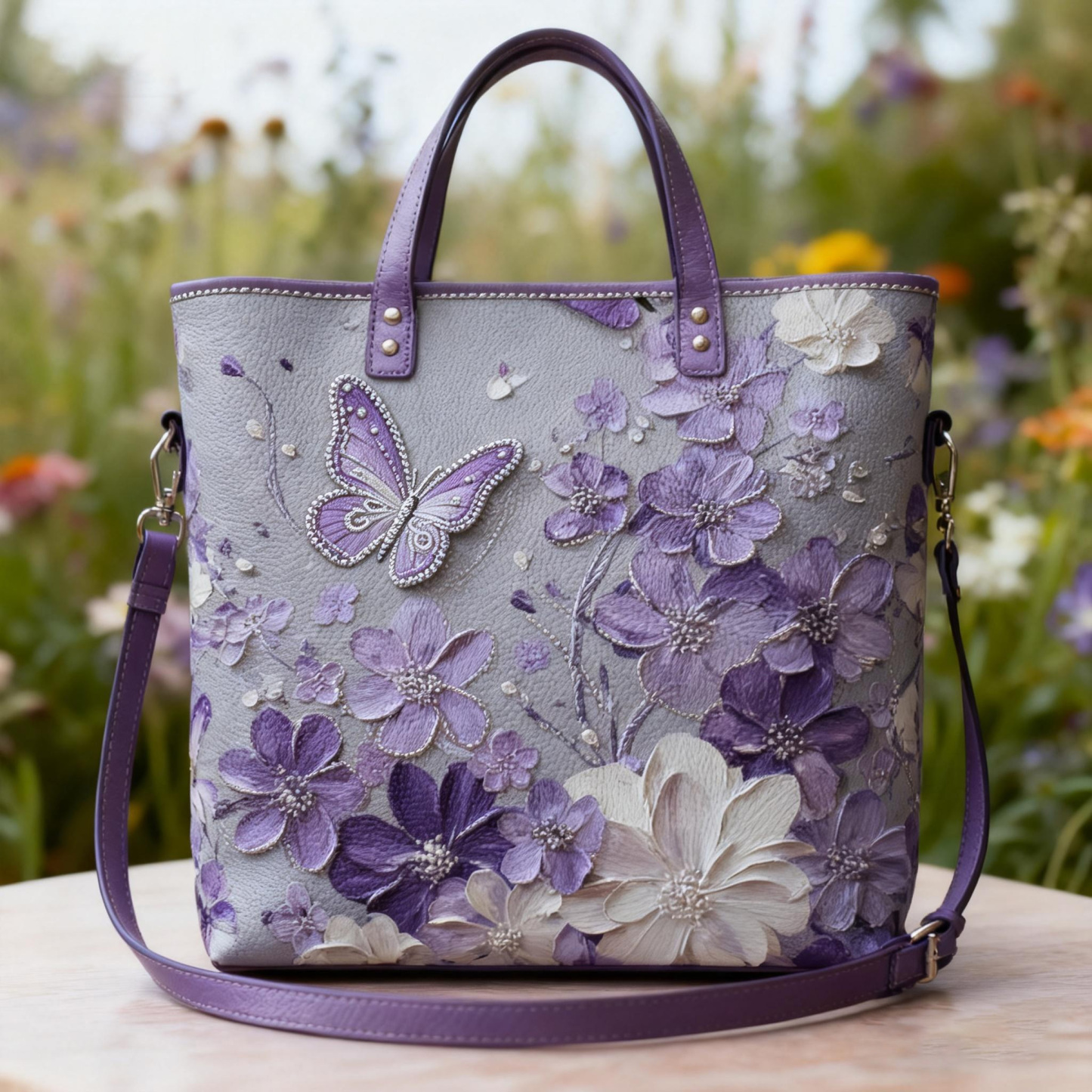 Purple Floral 3D Butterfly Artistic Vegan Leather Tote Bag Crossbody Handbag with Adjustable Strap