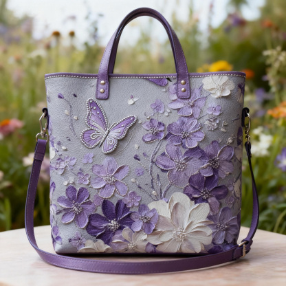 Purple Floral 3D Butterfly Artistic Vegan Leather Tote Bag Crossbody Handbag with Adjustable Strap