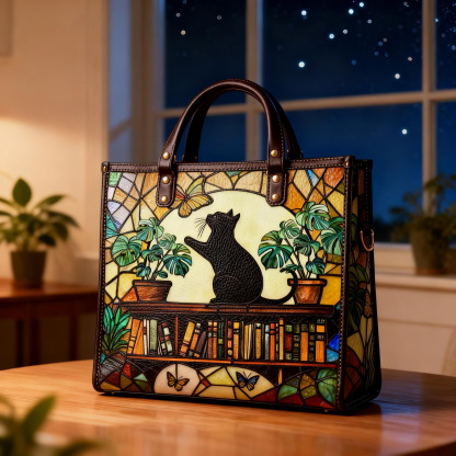 Vintage Bookshelf Black Cat Butterfly Vegan Leather Tote Bag Crossbody Handbag with Adjustable Strap