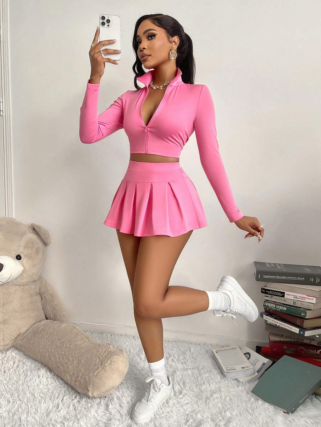Women's Solid Two-Piece Set Cropped Jacket & Pleated Skirt Set