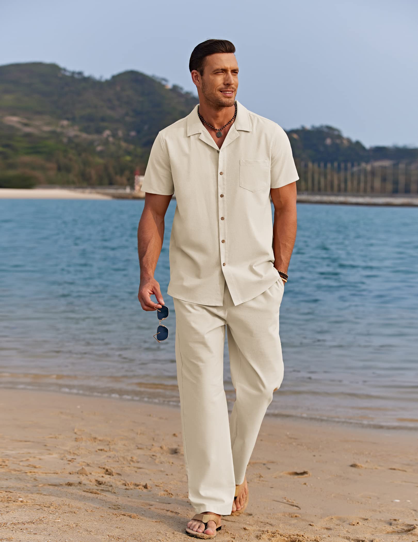 🔥Hot Summer Pick - Men's 2-Piece Linen Outfit Beach Button Down Shirt & Casual Loose Pant Set