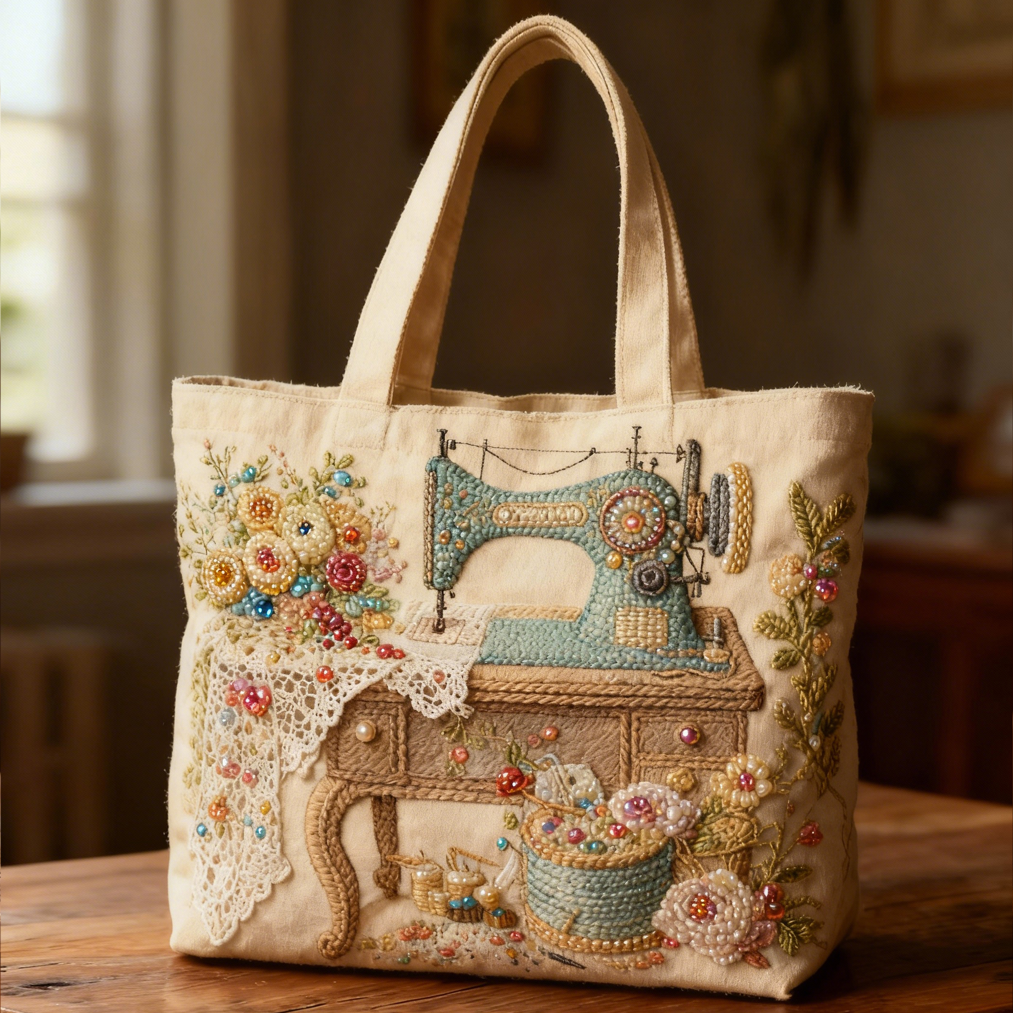 Vintage Sewing Machine Floral Lace Beaded 3D Embroidery Canvas Tote Bag