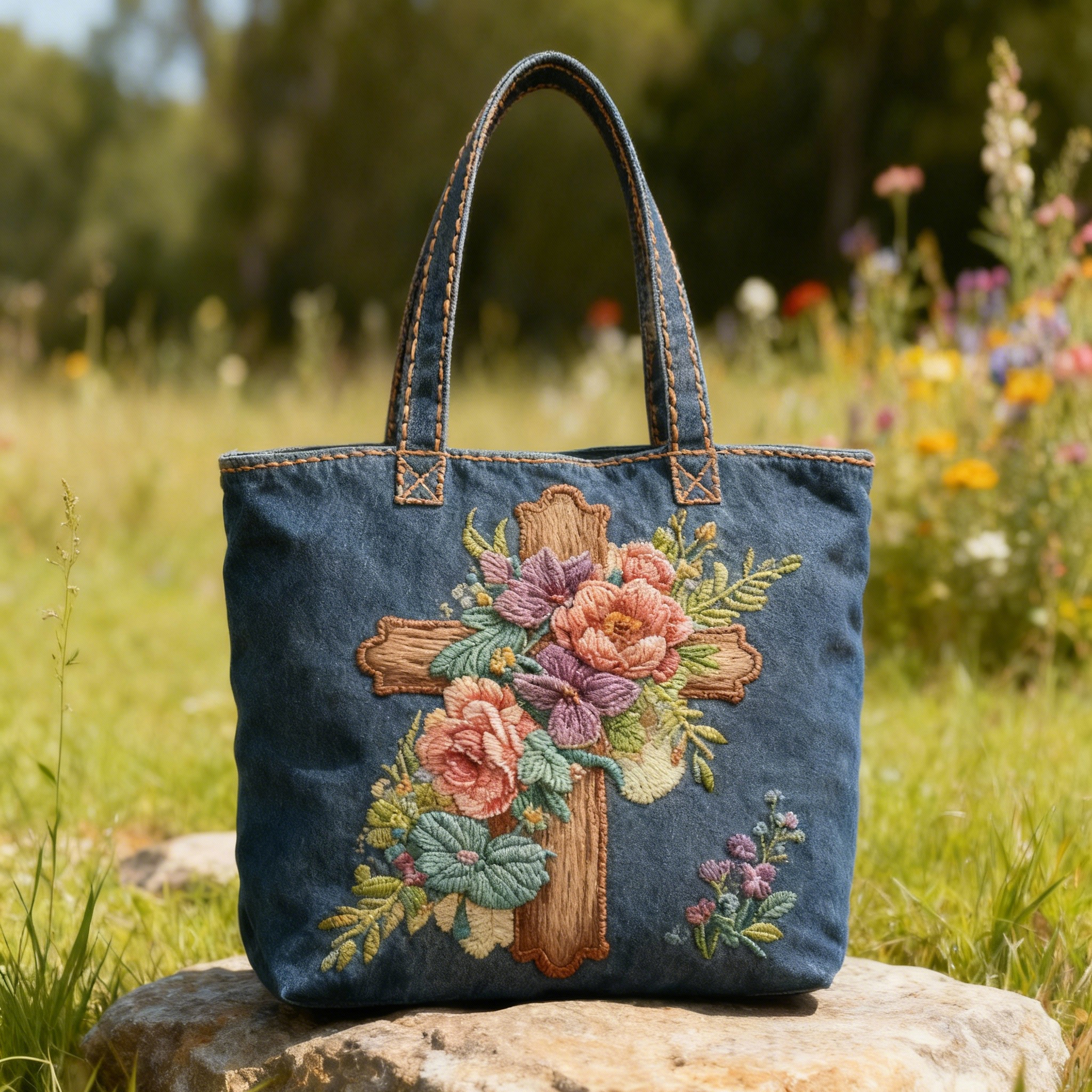 Christian Floral Cross 3D Embroidery Denim Tote Bag