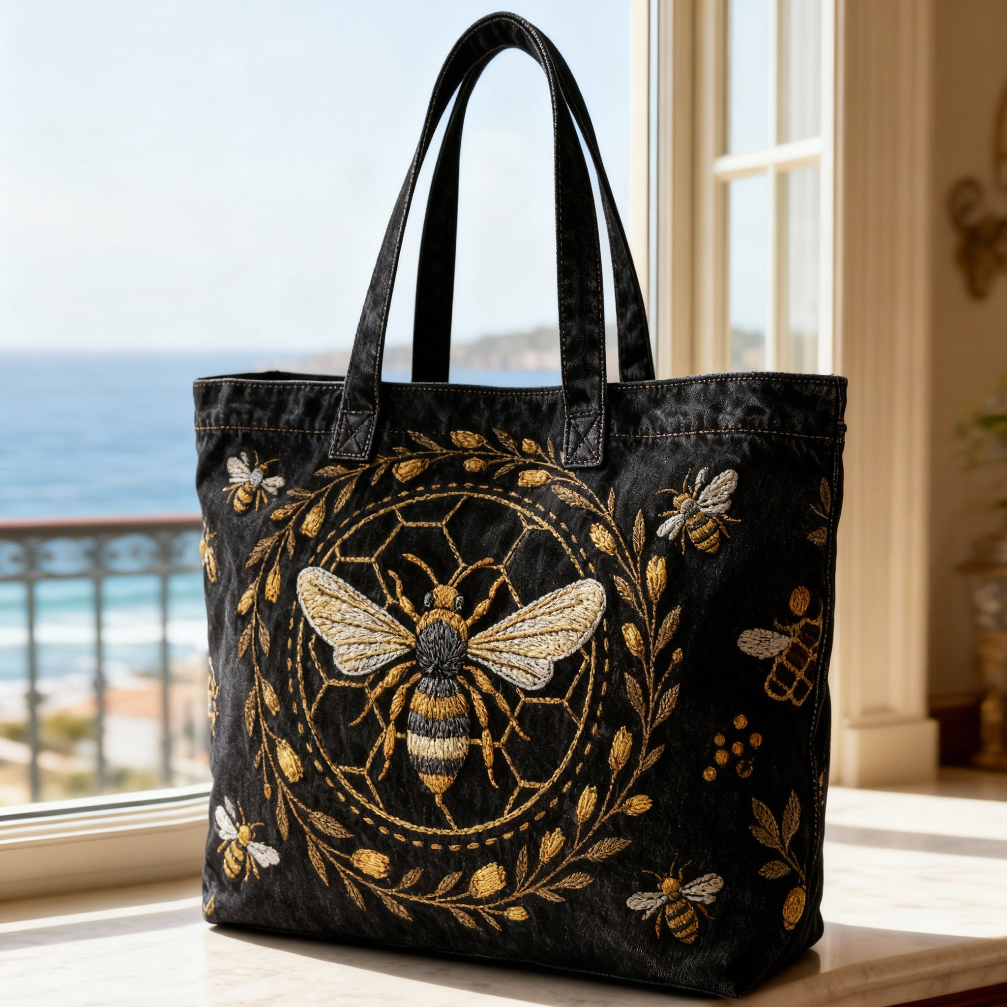 Vintage Bumble Bee & Honeycomb 3D Embroidery Denim Tote Bag