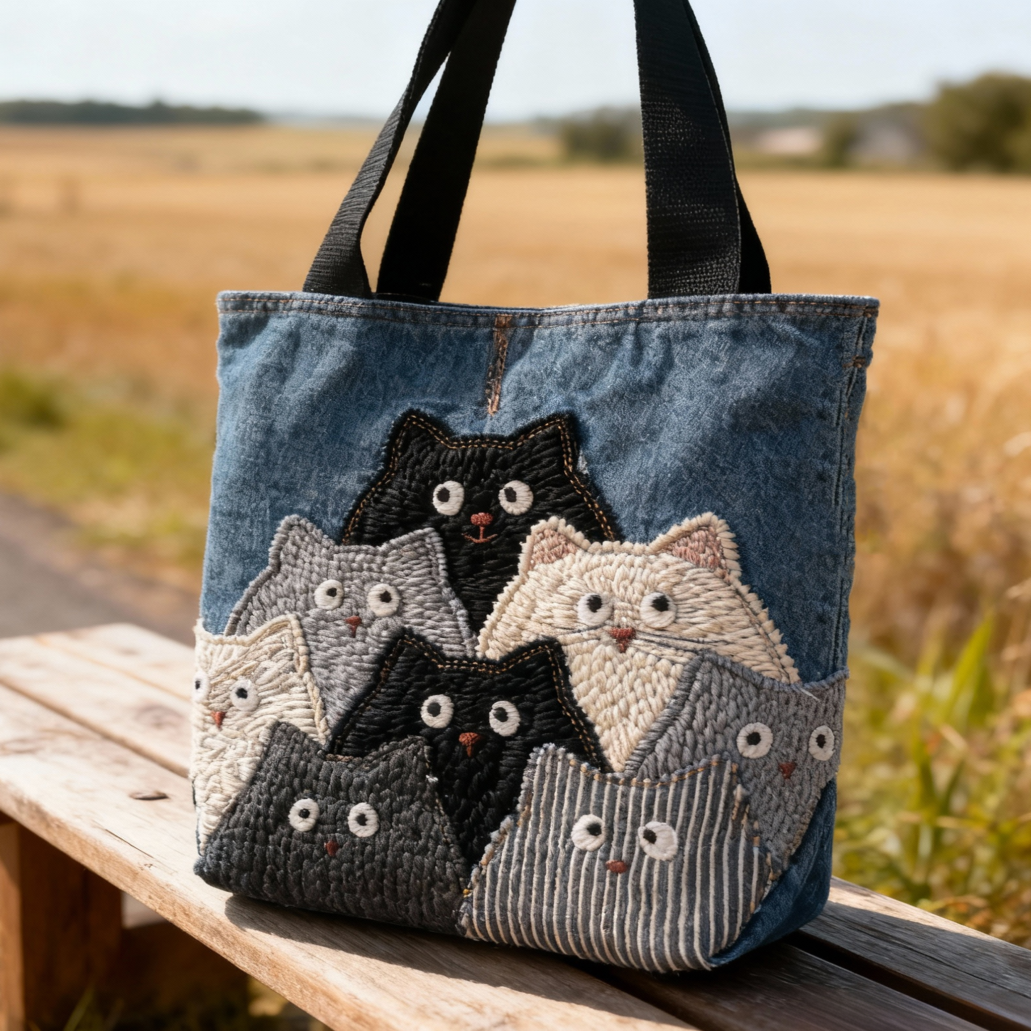 Cute Cat 3D Embroidery Denim Tote Bag