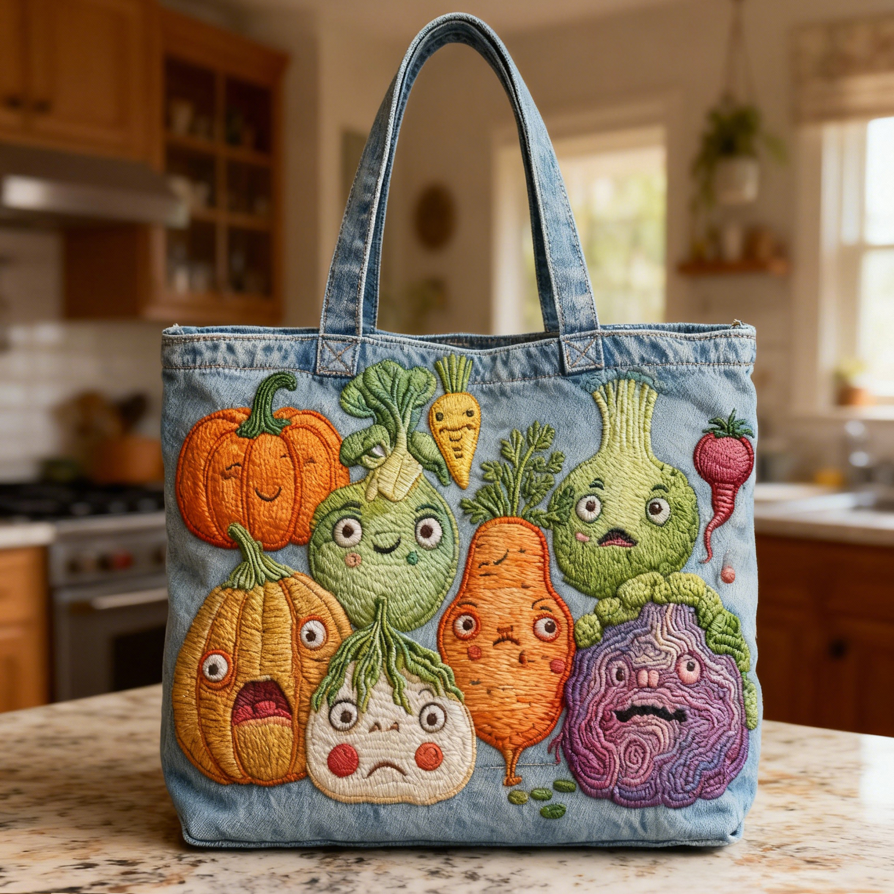 Funny Grumpy Vegetables 3D Embroidery Denim Tote Bag