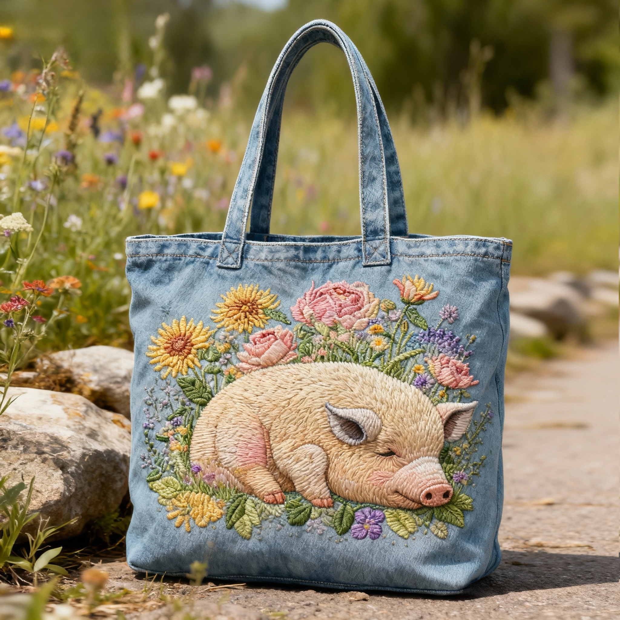 Sleeping Pig & Floral 3D Embroidery Denim Tote Bag