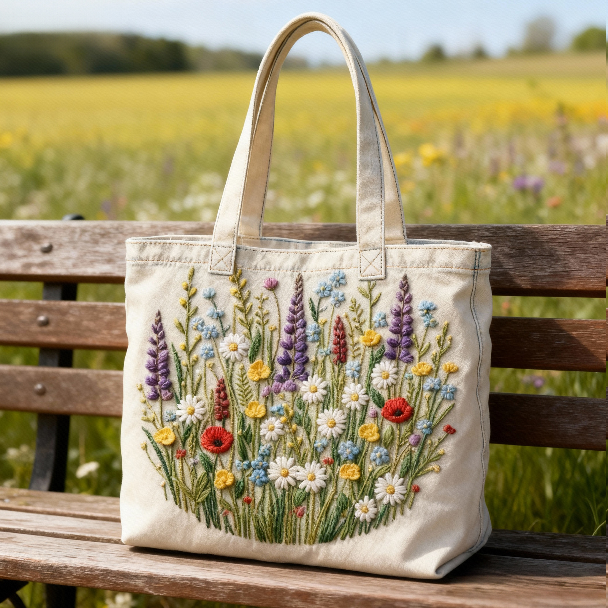 Wildflowers Lavender Daisy 3D Embroidery Denim Tote Bag