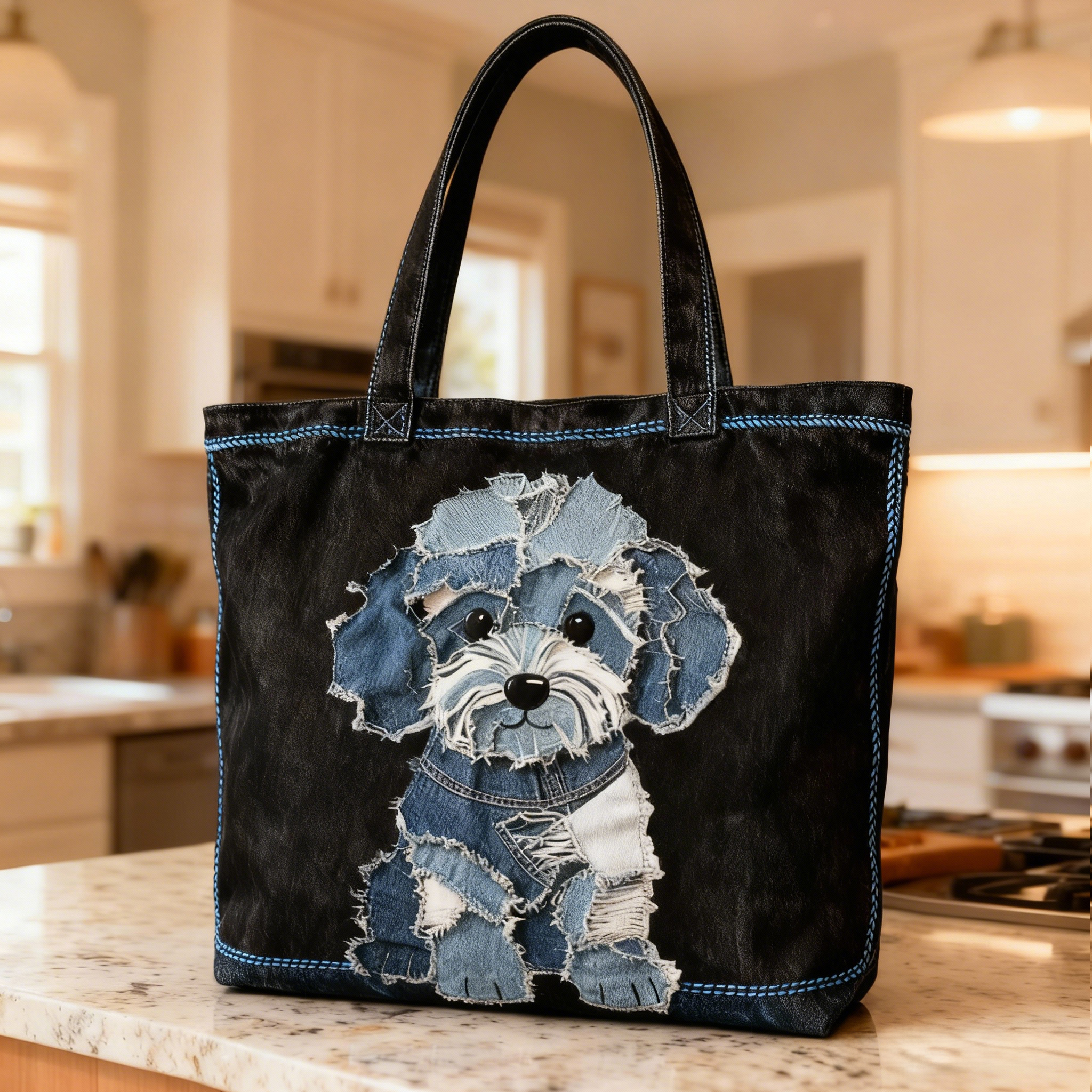Cute Puppy 3D Embroidery Denim Patchwork Tote Bag