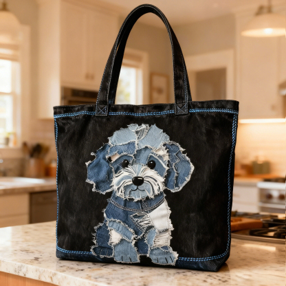 Cute Puppy 3D Embroidery Denim Patchwork Tote Bag