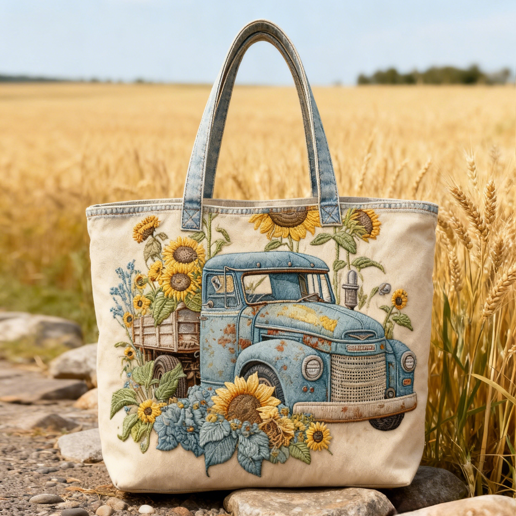 Vintage Truck & Sunflower 3D Embroidery Wash Denim Tote Bag