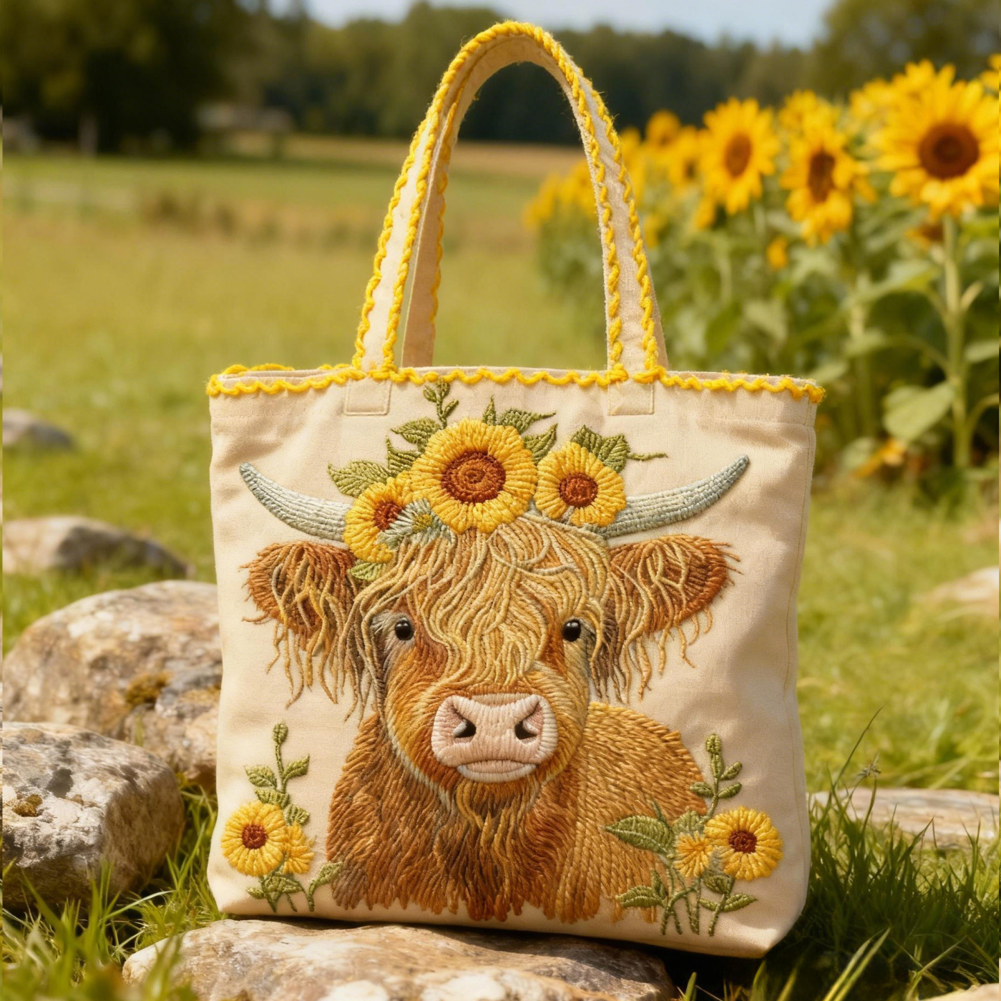 Highland Cow & Sunflower 3D Embroidery Canvas Tote Bag