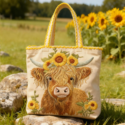 Highland Cow & Sunflower 3D Embroidery Canvas Tote Bag
