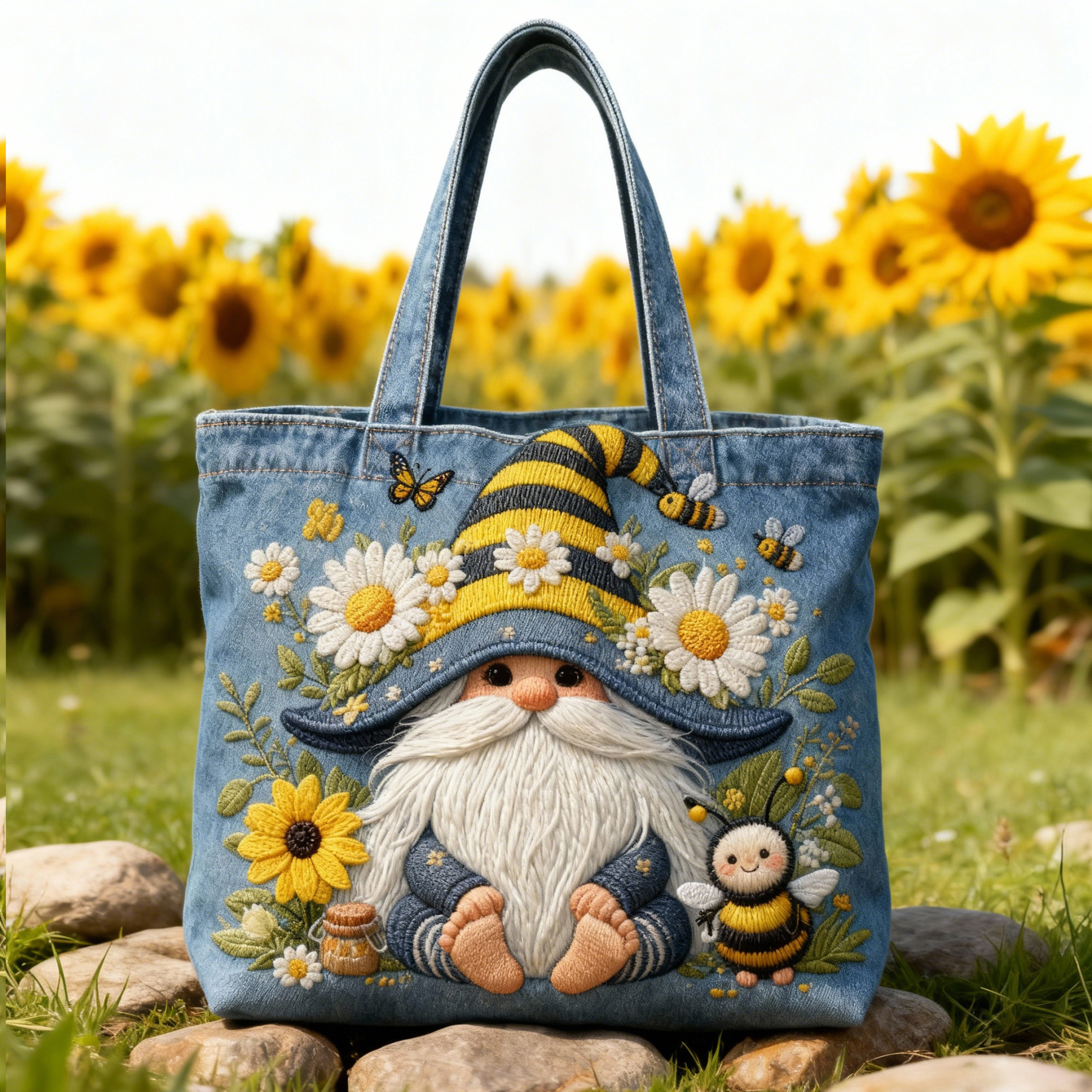 Gnome & Bee Sunflower 3D Embroidery Denim Tote Bag
