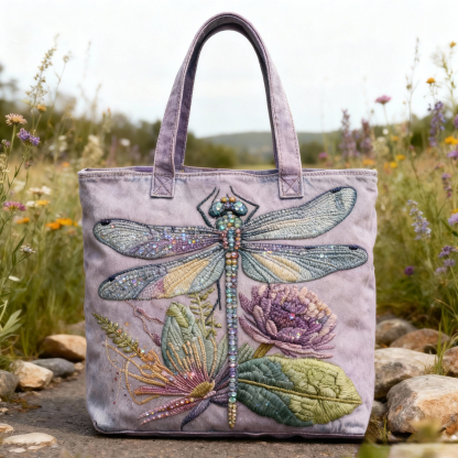 Sparkly Dragonfly & Floral 3D Embroidery Denim Tote Bag