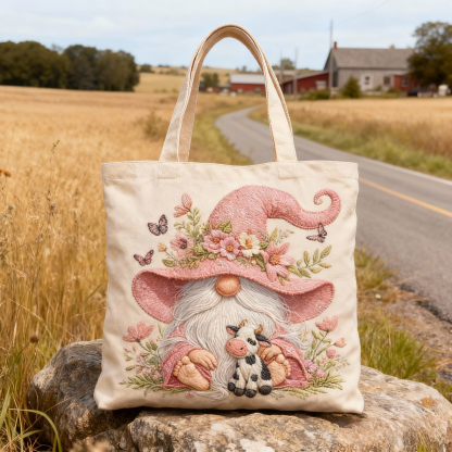 Pink Gnome & Mini Cow Floral 3D Embroidery Canvas Tote Bag