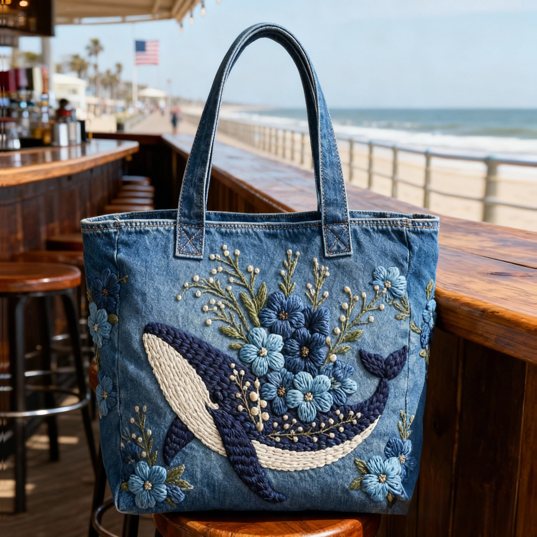 Whale & Blue Floral 3D Embroidery Denim Tote Bag