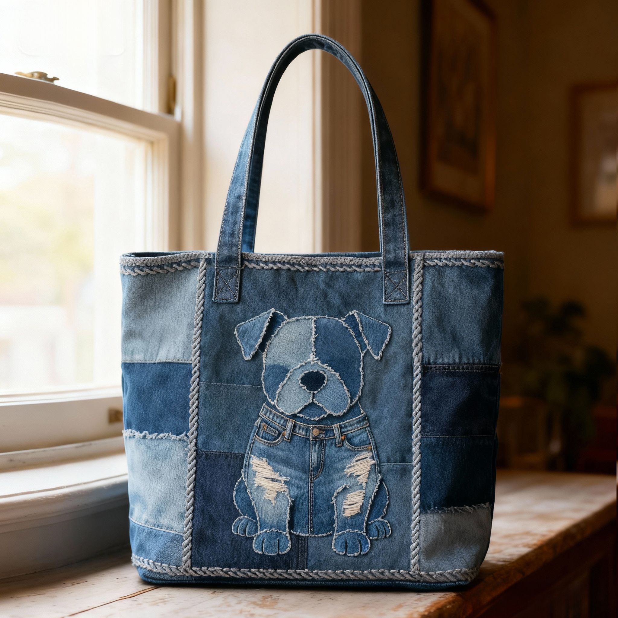 Vintage Bulldog 3D Embroidery Patchwork Denim Tote Bag