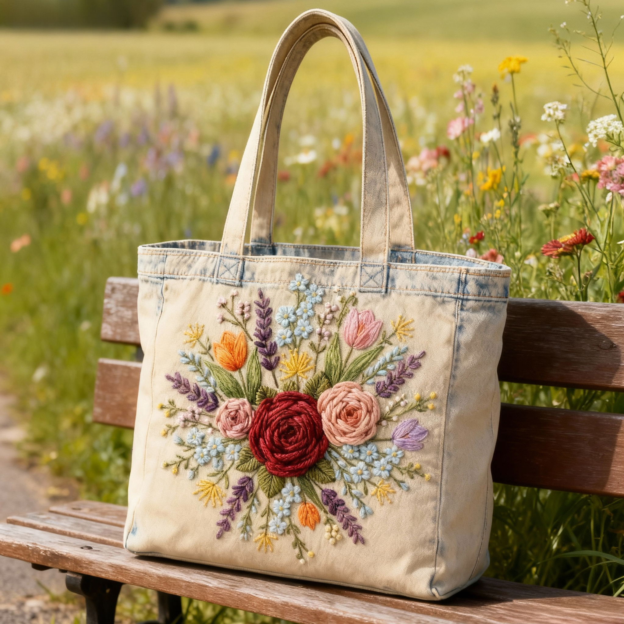 Vintage Floral 3D Embroidery Denim Tote Bag