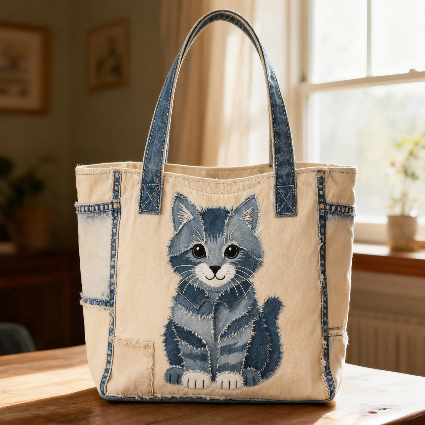 Cute Blue Gray Cat 3D Embroidery Denim Patchwork Tote Bag