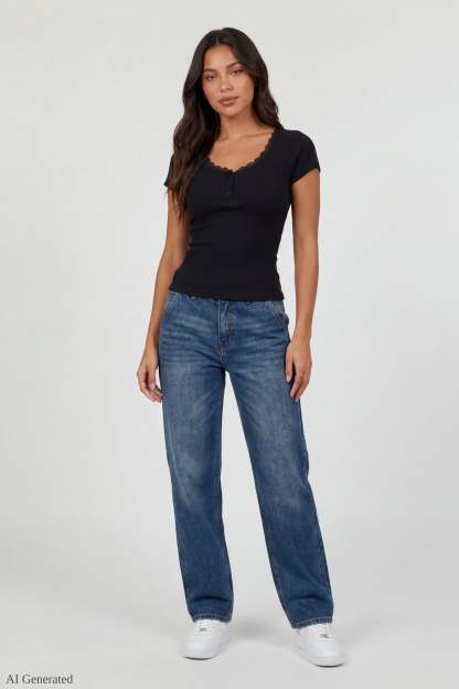 Ribbed Lace Trim Short Sleeve Top