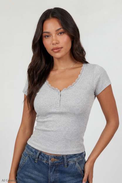 Ribbed Lace Trim Short Sleeve Top