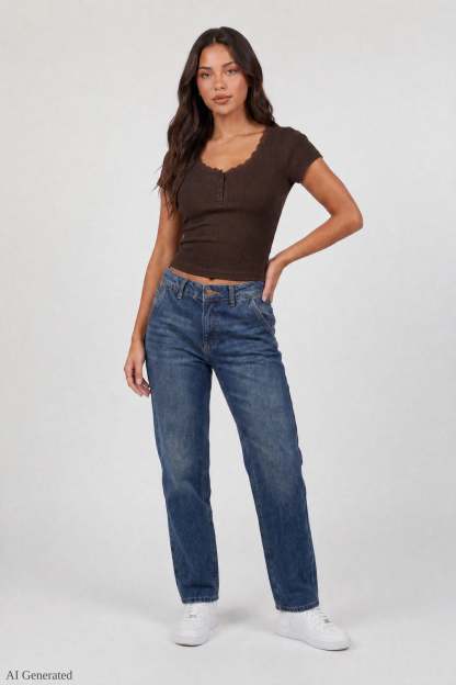 Ribbed Lace Trim Short Sleeve Top