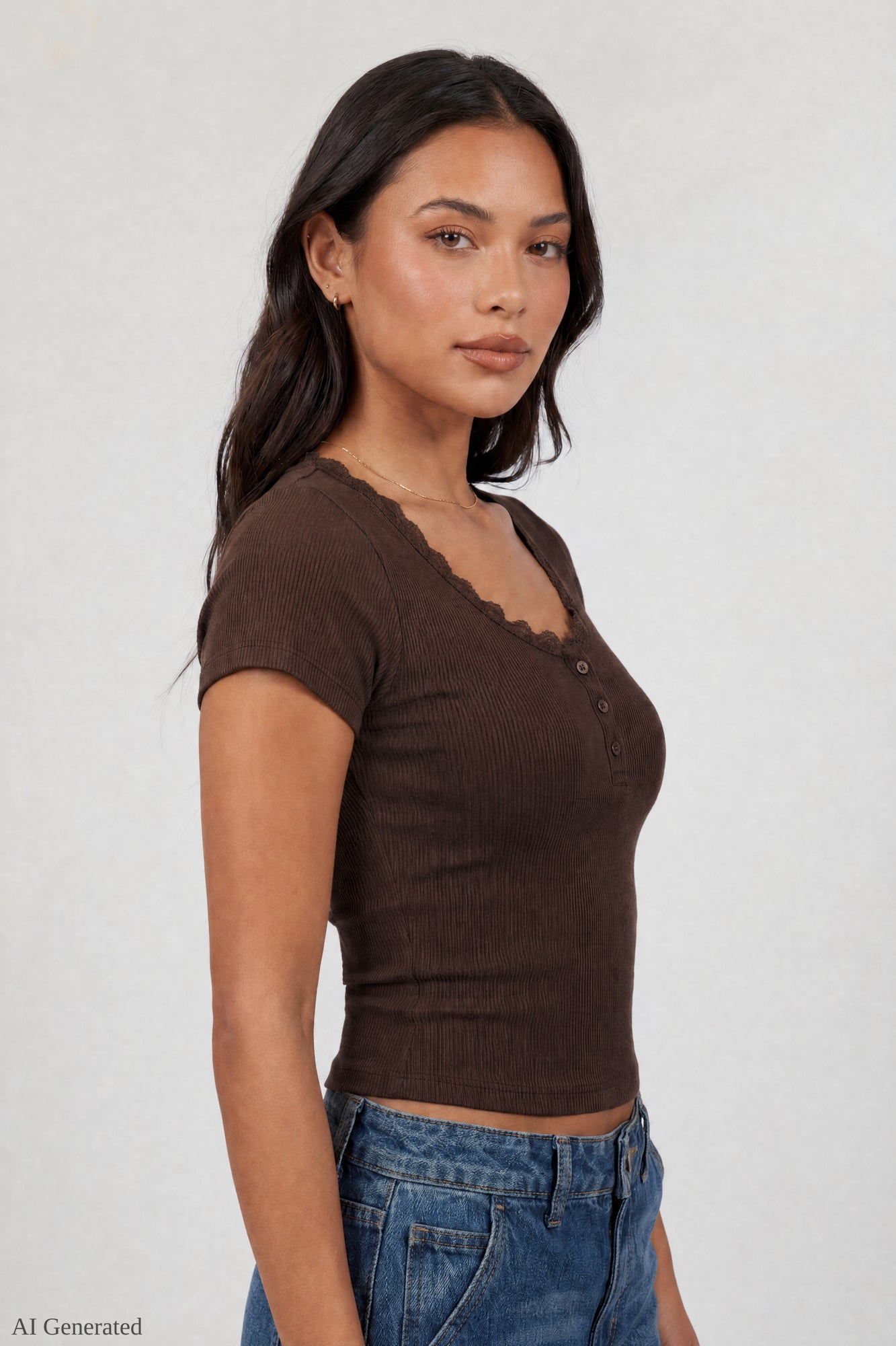 Ribbed Lace Trim Short Sleeve Top