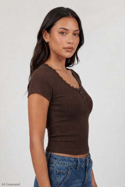 Ribbed Lace Trim Short Sleeve Top