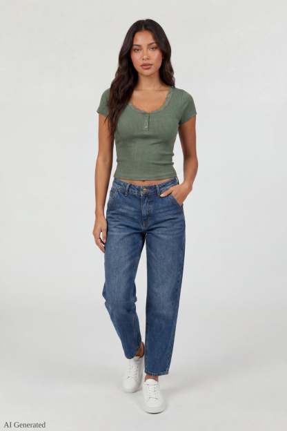 Ribbed Lace Trim Short Sleeve Top