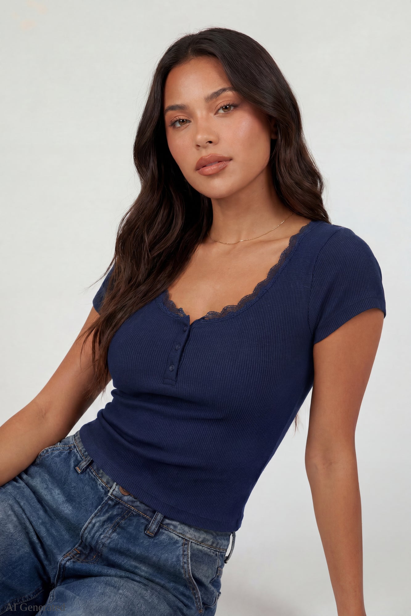 Ribbed Lace Trim Short Sleeve Top