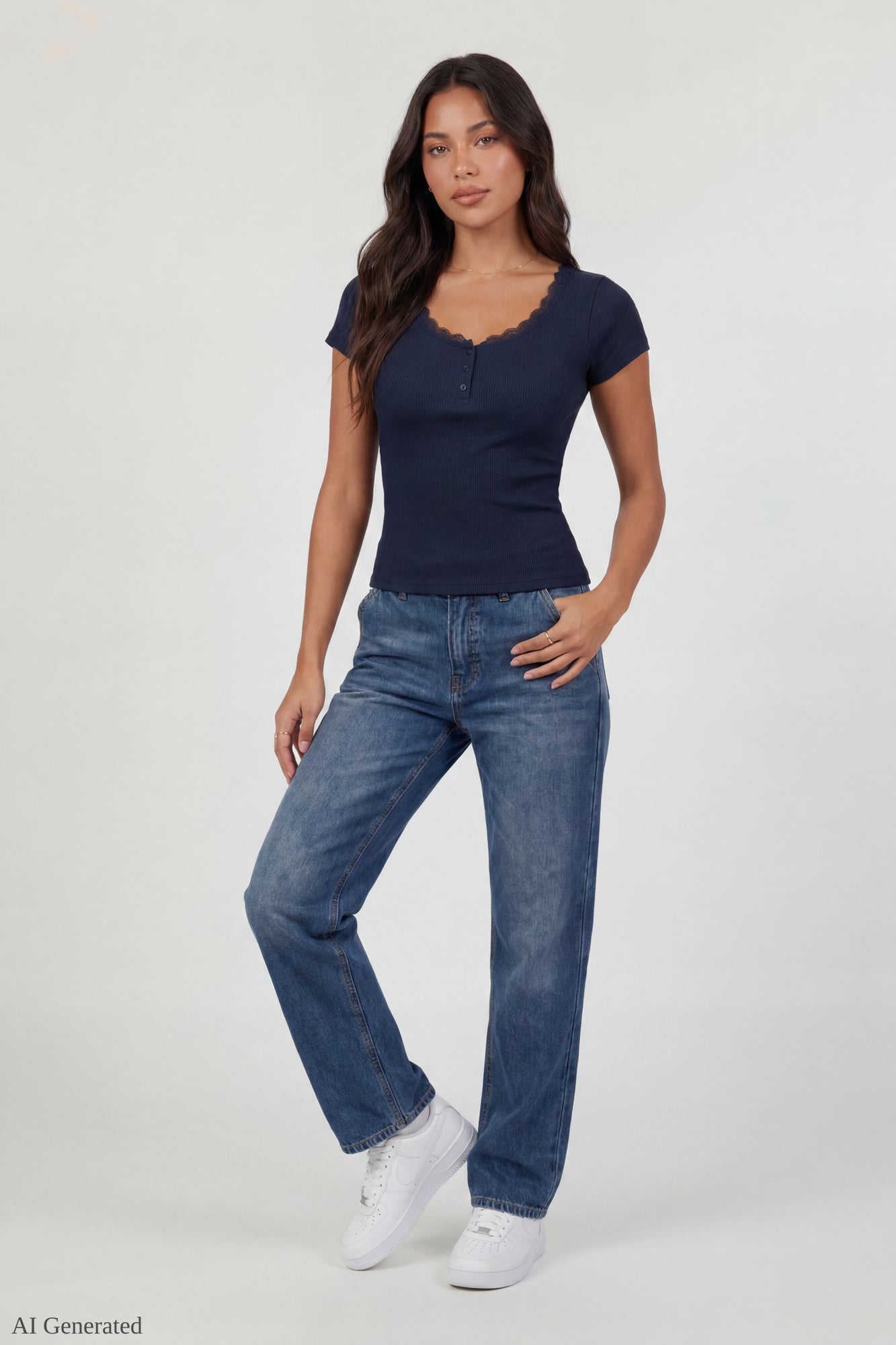 Ribbed Lace Trim Short Sleeve Top