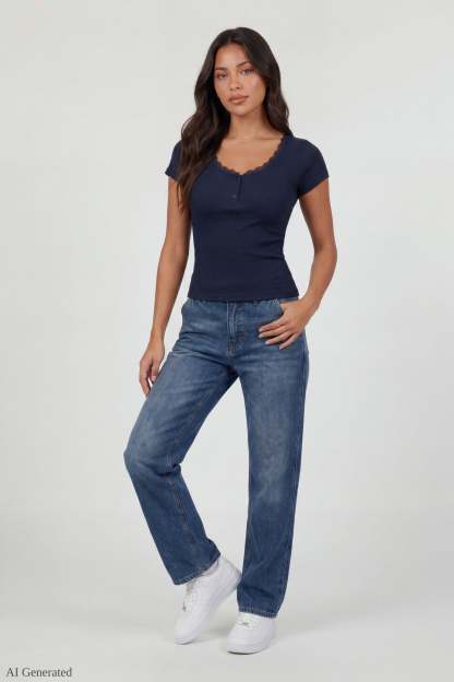 Ribbed Lace Trim Short Sleeve Top