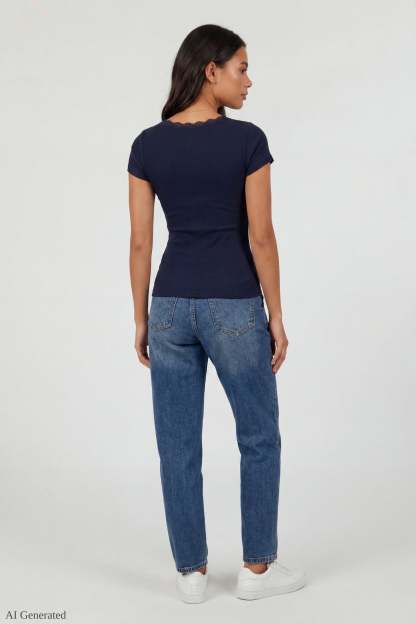 Ribbed Lace Trim Short Sleeve Top
