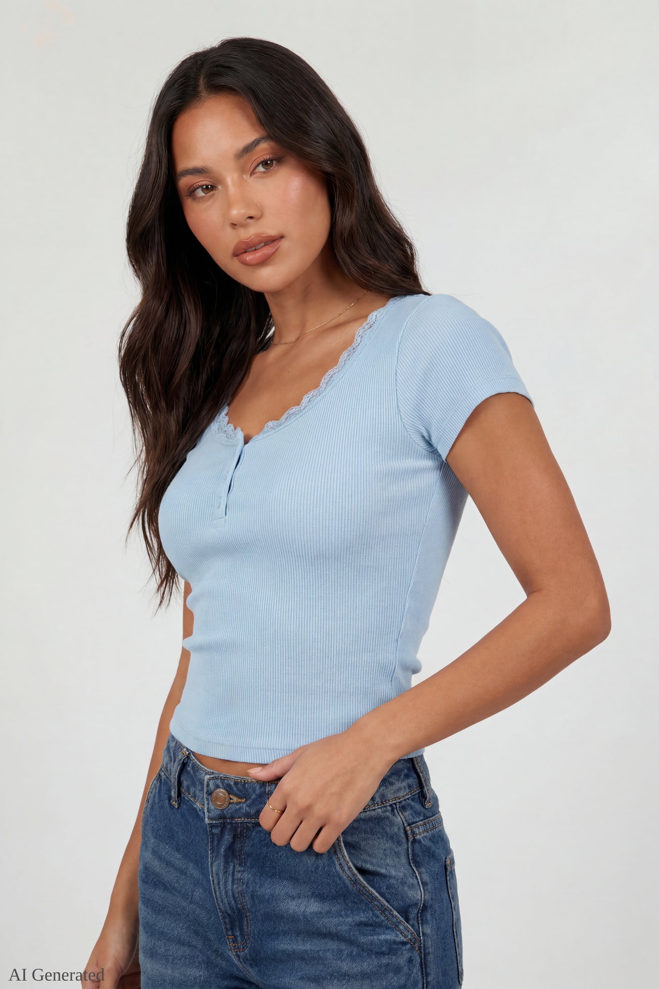 Ribbed Lace Trim Short Sleeve Top