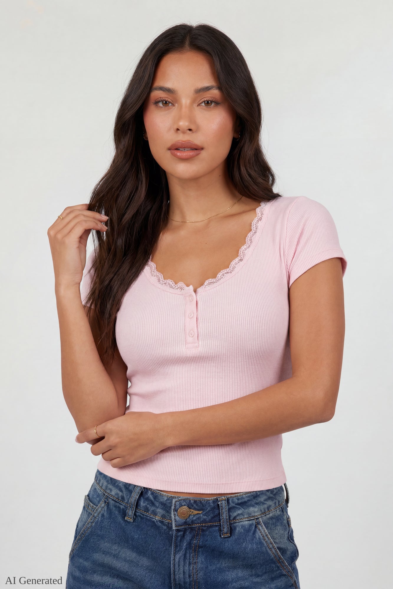 Ribbed Lace Trim Short Sleeve Top