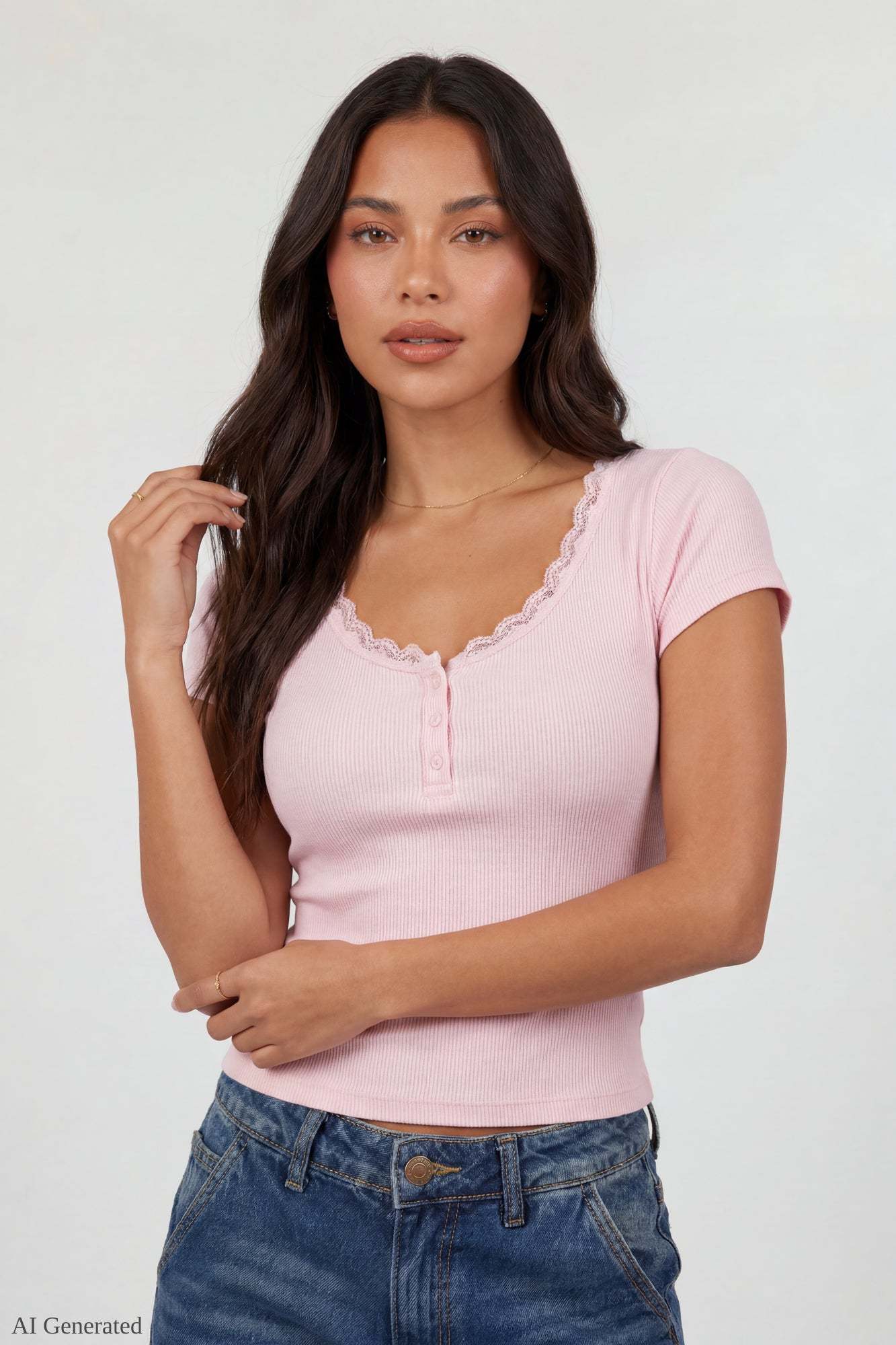 Ribbed Lace Trim Short Sleeve Top