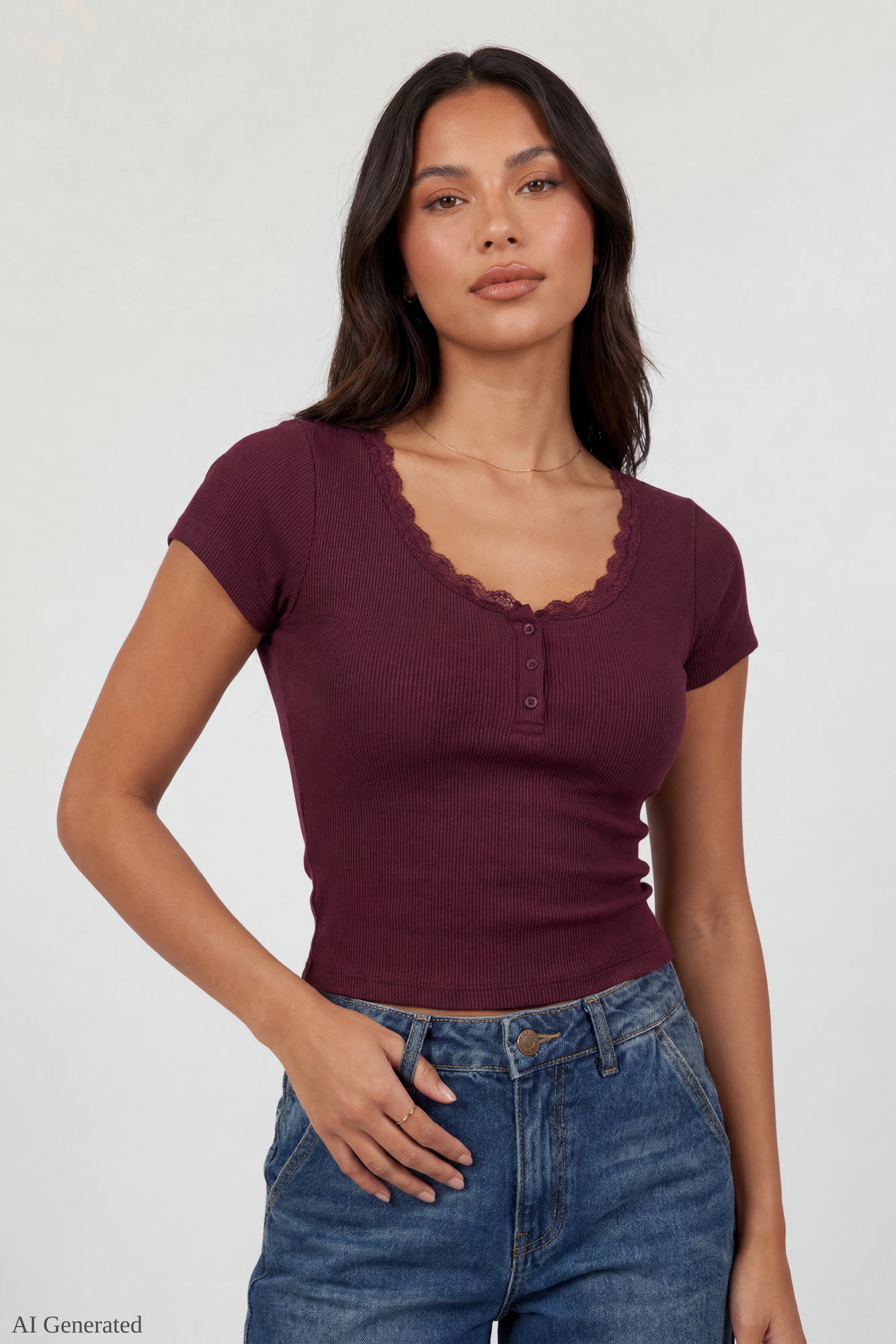 Ribbed Lace Trim Short Sleeve Top