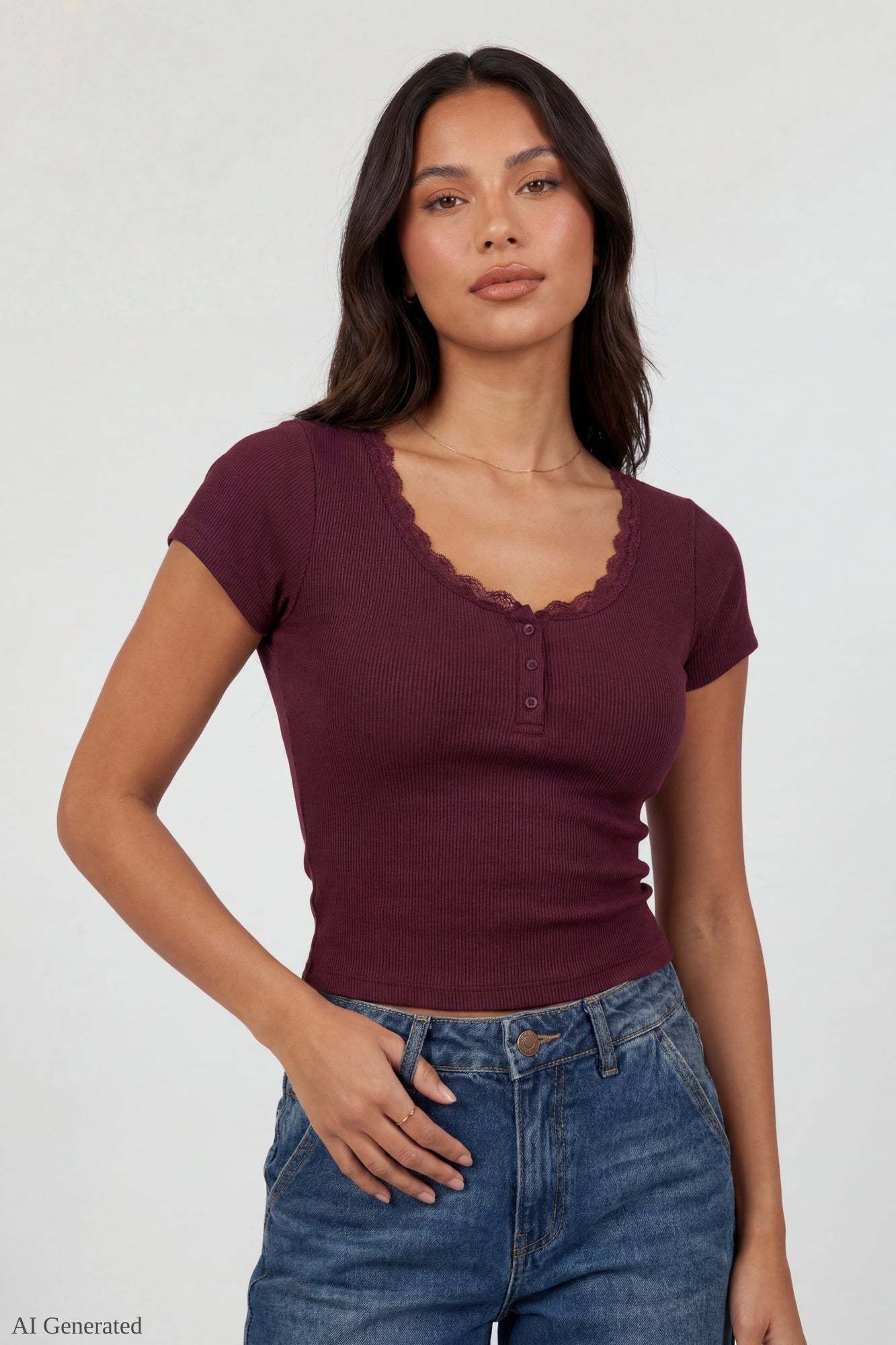 Ribbed Lace Trim Short Sleeve Top
