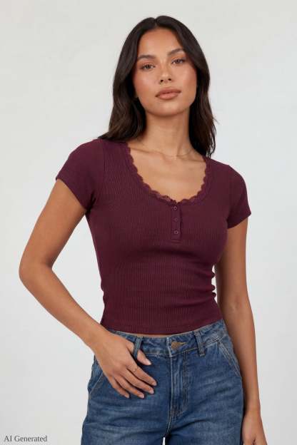 Ribbed Lace Trim Short Sleeve Top