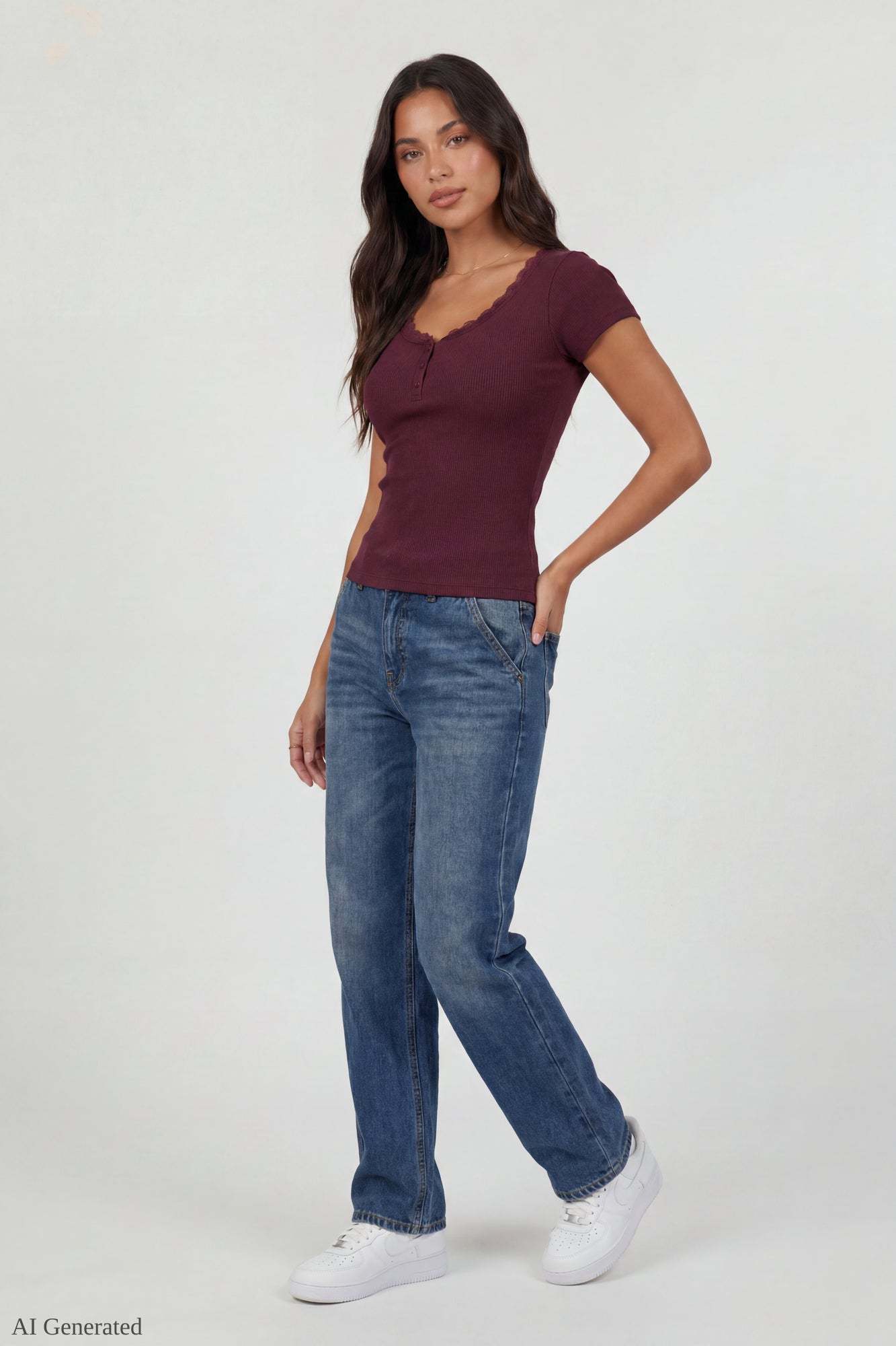Ribbed Lace Trim Short Sleeve Top