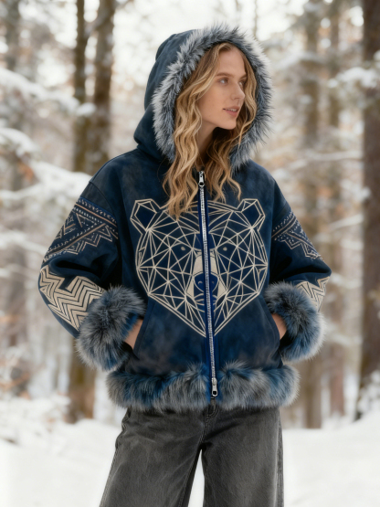 Geometric Bear Print Ethnic Embroidery Suede Winter Jacket Zip-up Hooded Coat