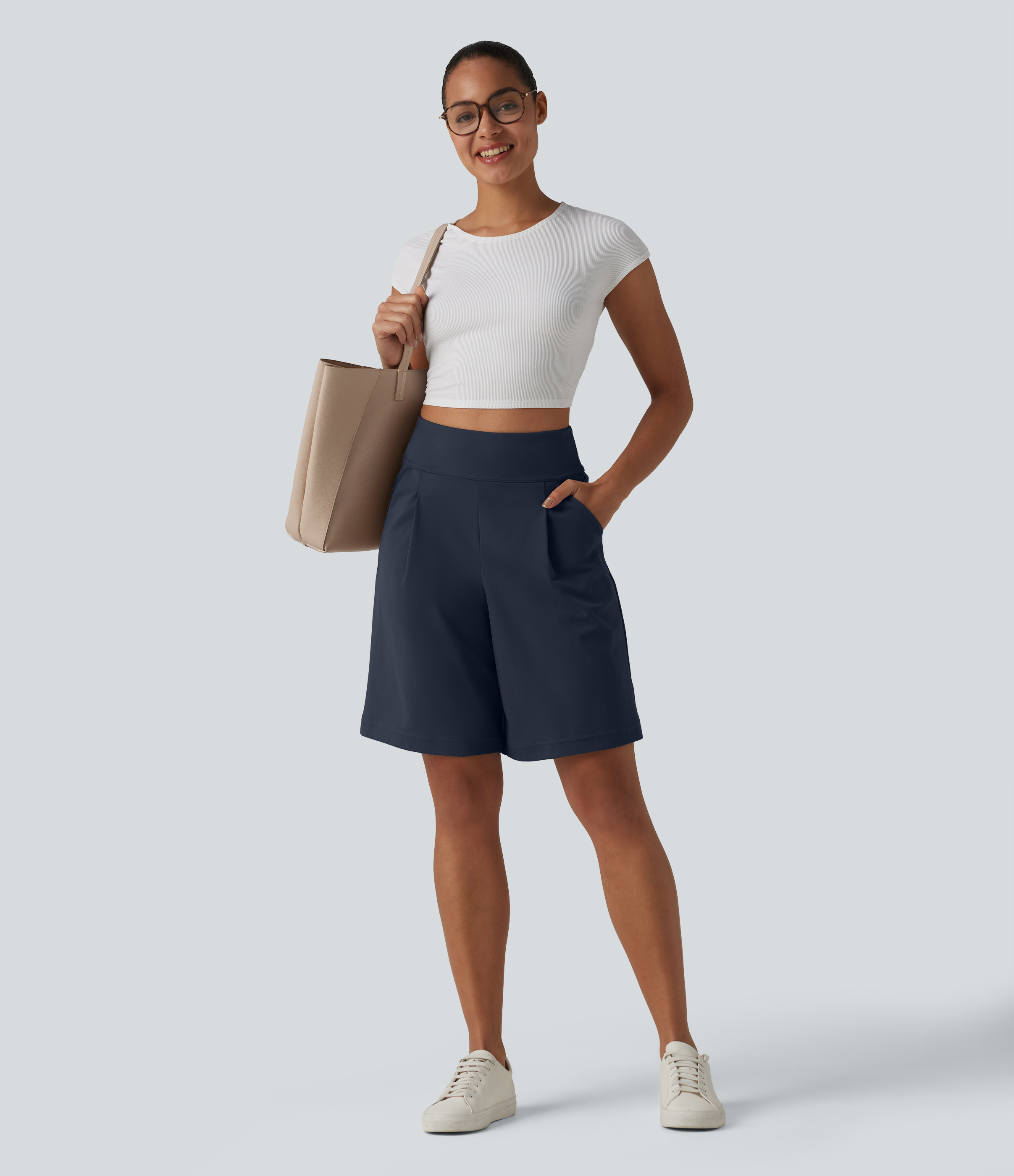 DayStretch High Waisted Pleated Work Bermuda Shorts 10'' with Pockets