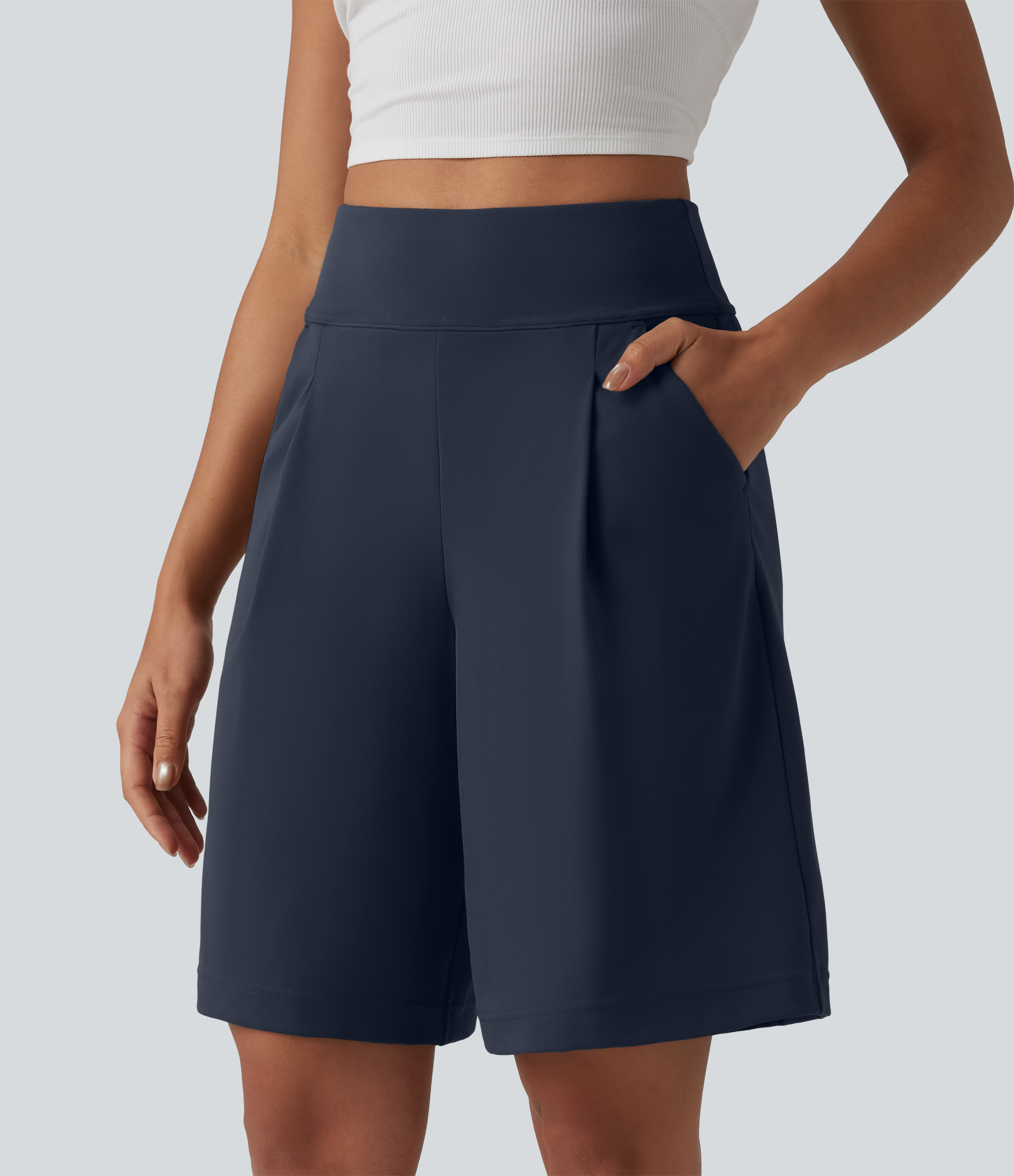 DayStretch High Waisted Pleated Work Bermuda Shorts 10'' with Pockets