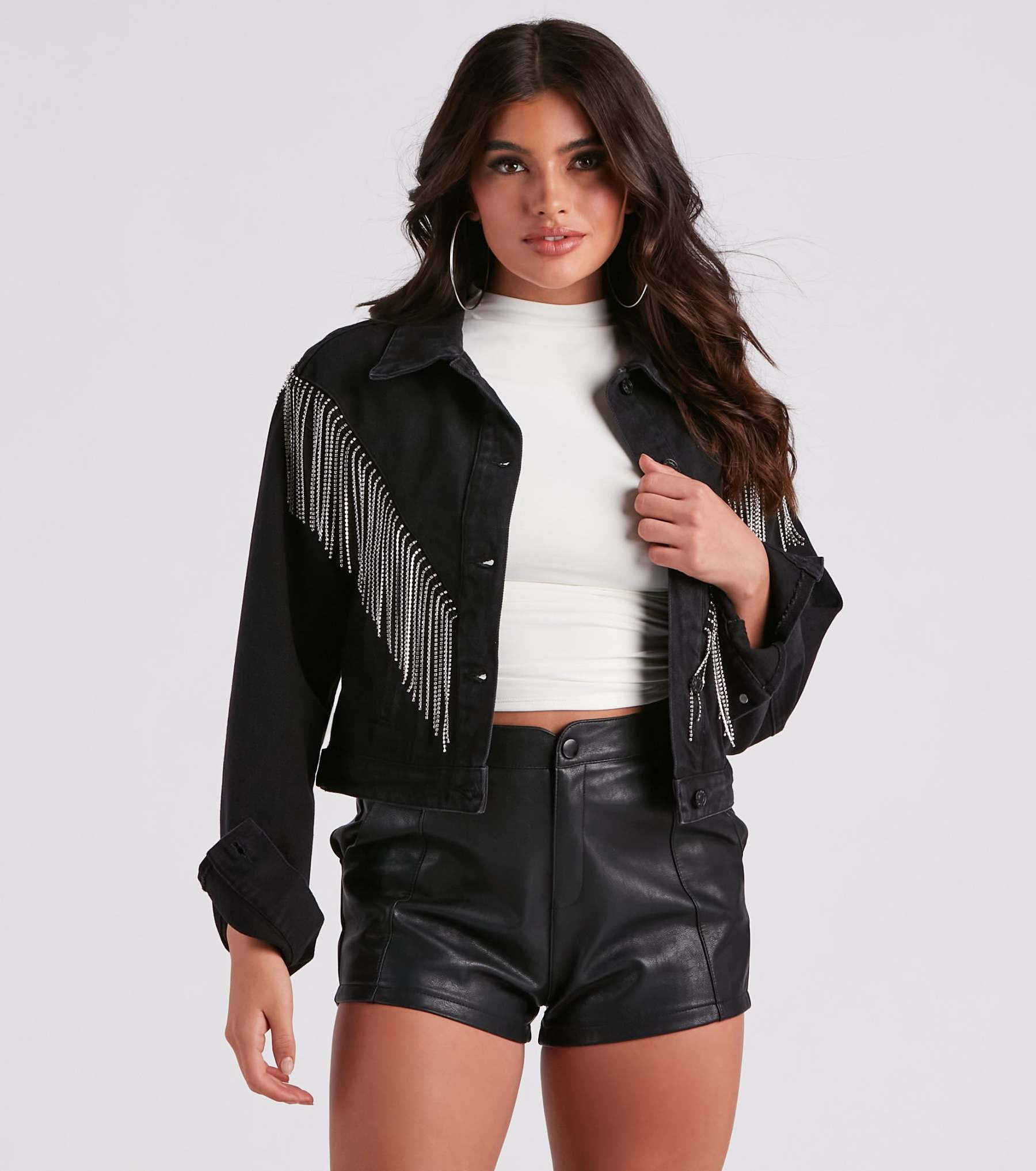Rocker-Chic Rhinestone Fringe Denim Jacket