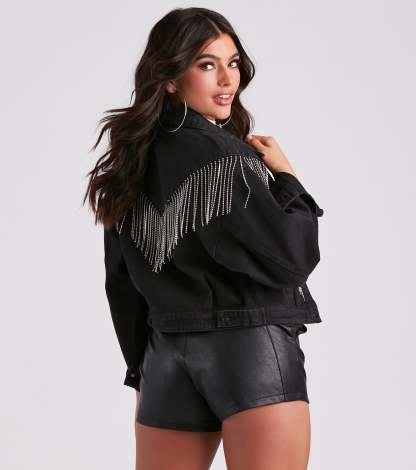 Rocker-Chic Rhinestone Fringe Denim Jacket