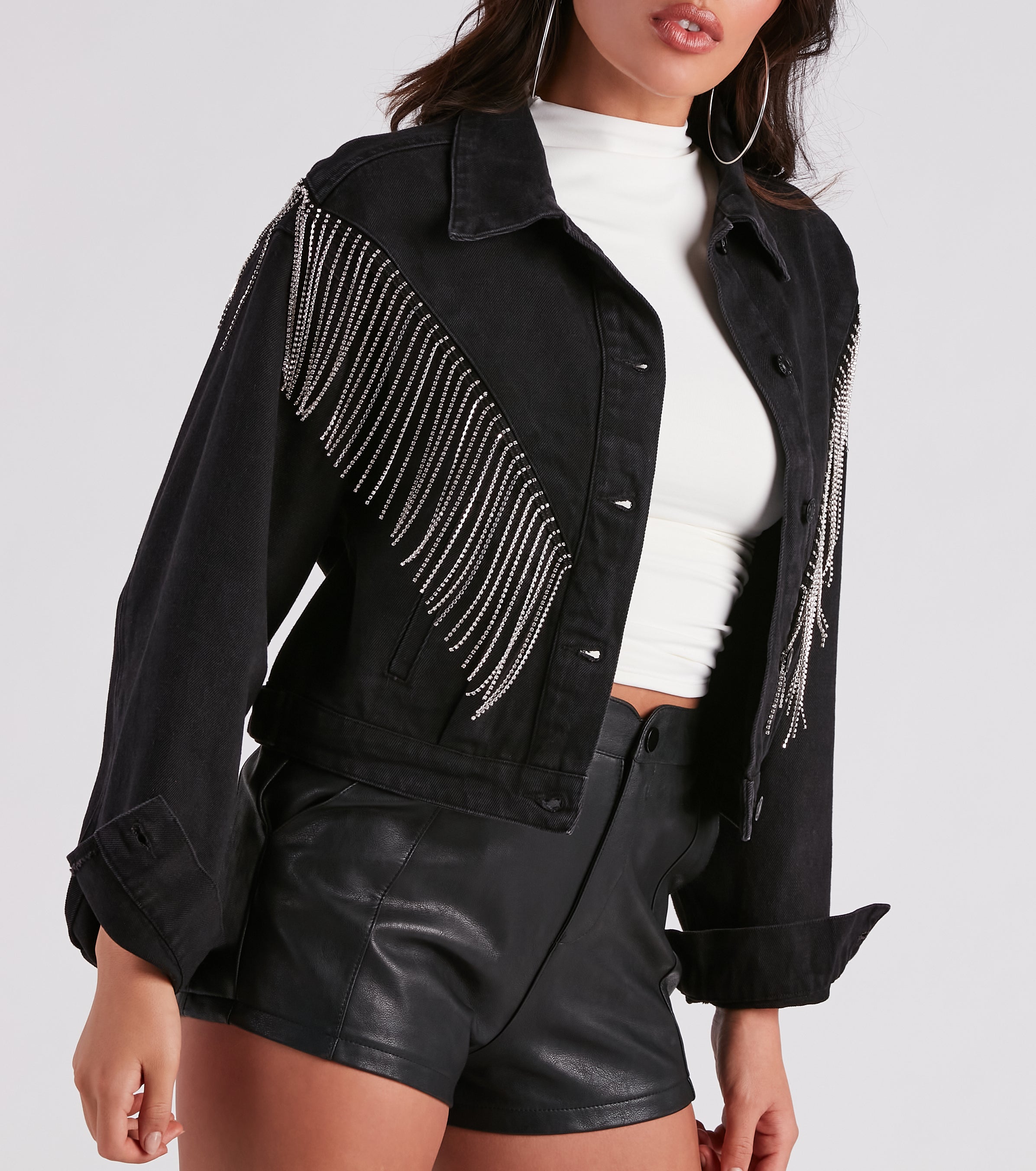 Rocker-Chic Rhinestone Fringe Denim Jacket