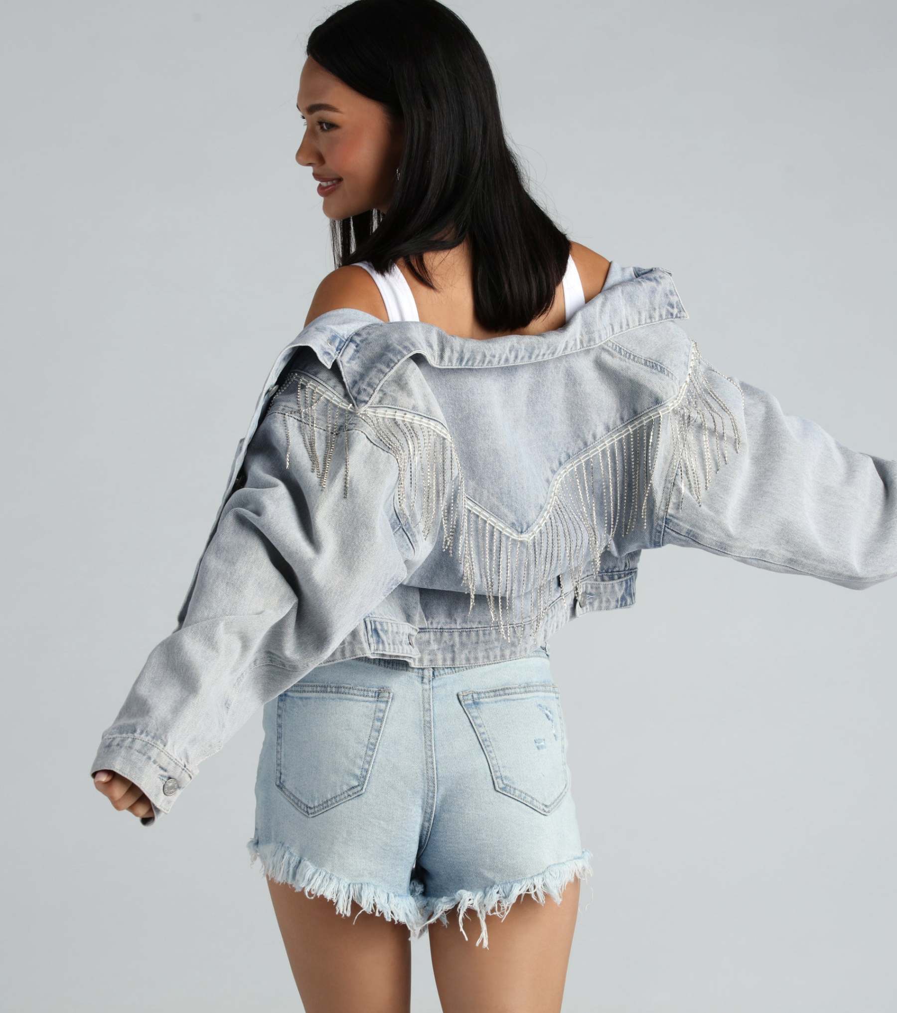 Rocker-Chic Rhinestone Fringe Denim Jacket