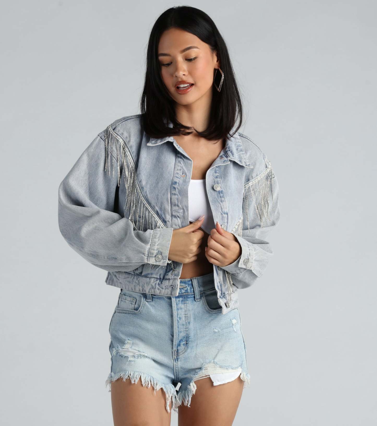 Rocker-Chic Rhinestone Fringe Denim Jacket