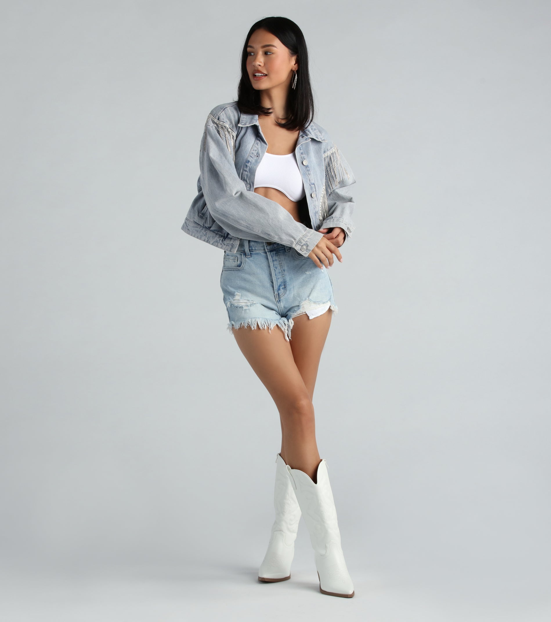 Rocker-Chic Rhinestone Fringe Denim Jacket